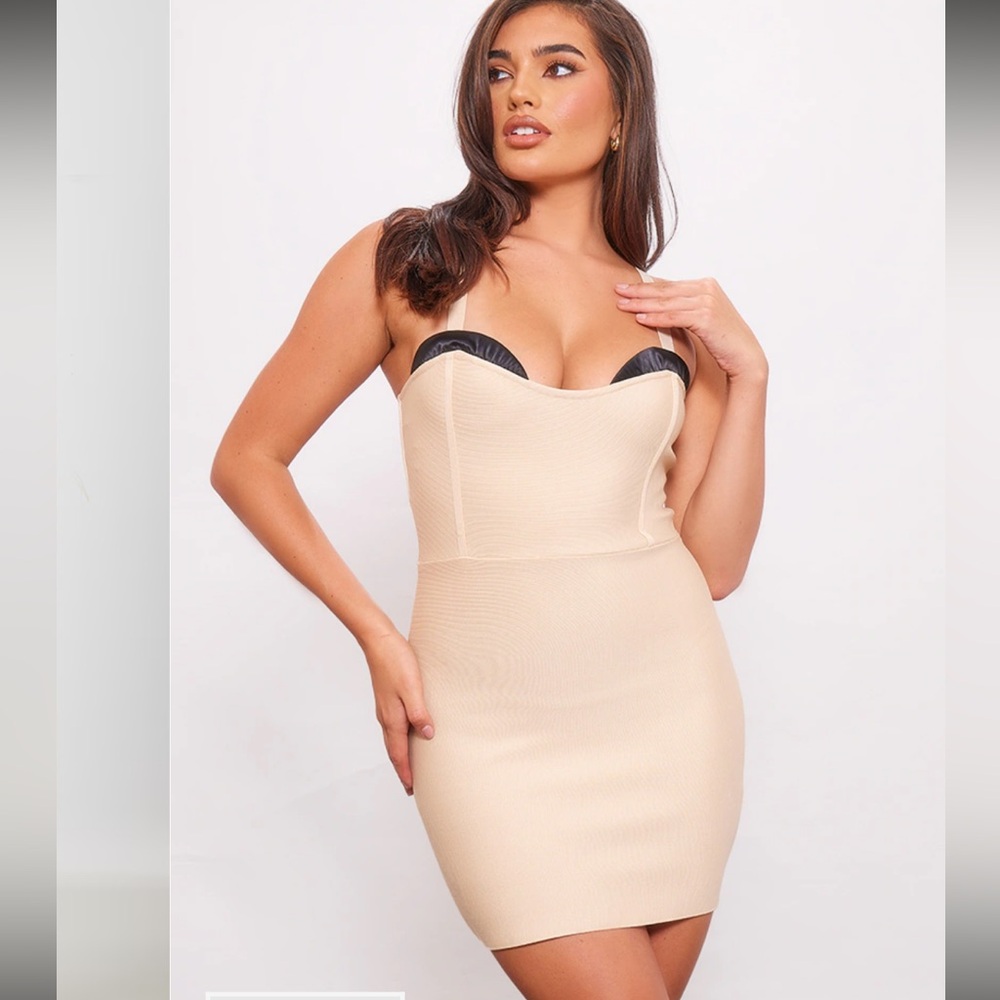 PrettyLittleThing Beige Strapless Bodycon Dress with Black Trim